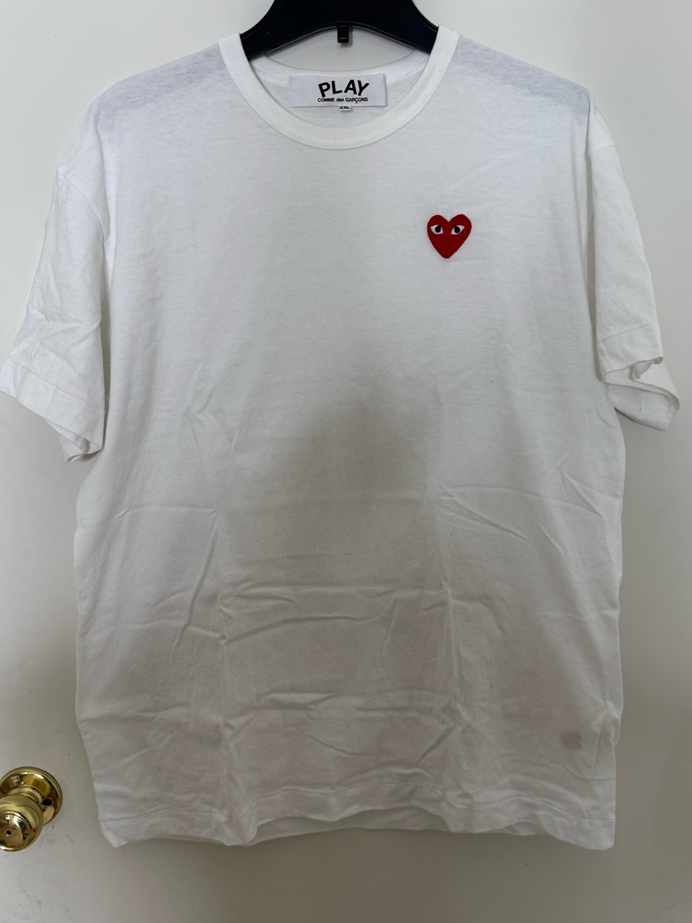 Comme des Garçons PLAY White Tee with Red Heart Patch Emblem